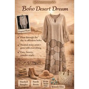 BOHO DESERT‎ EARTH TONE Stone Print Maxi Dress Split V-Neck Long Sleeve XXL NWT